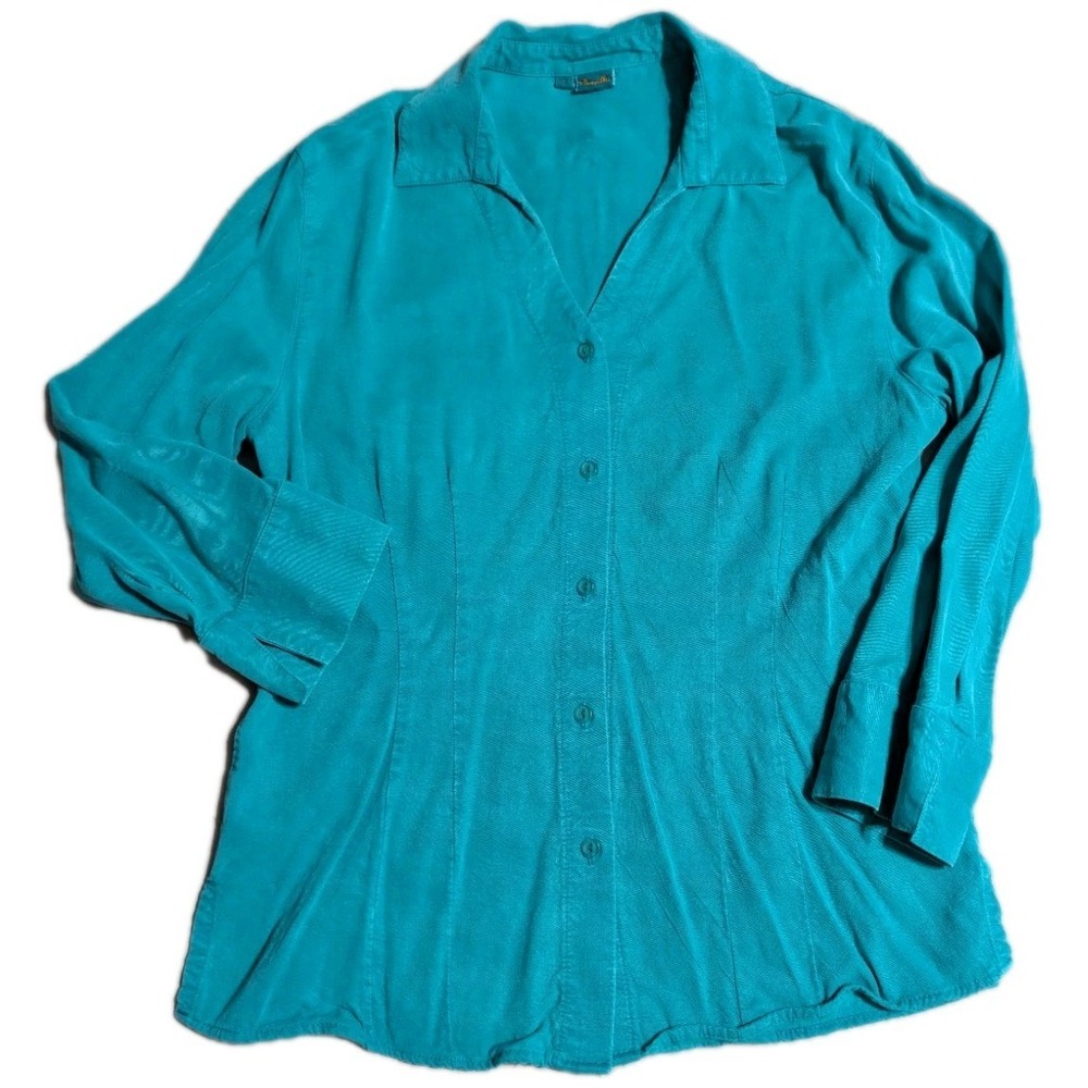 Tianello Suzy Blouse Womens Small Teal Button Front Tencel Rayon Made USA